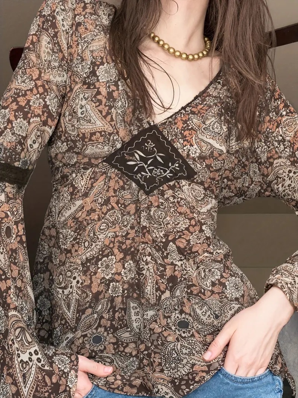 Vintage Faded Glory Boho Paisley Bell Sleeve Peasant Blouse Brown Rayon Size XL